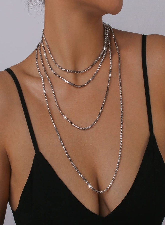 Jumwrit Rhinestone Layered Necklace Extra Long Tennis Chain Choker Necklace Clavicle Necklace Sparkle Chain Necklace Accessories for Women（Silver） - Image 4
