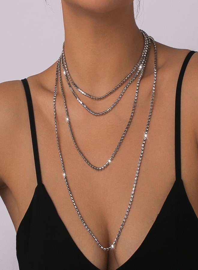 Jumwrit Rhinestone Layered Necklace Extra Long Tennis Chain Choker Necklace Clavicle Necklace Sparkle Chain Necklace Accessories for Women（Silver） - Image 3