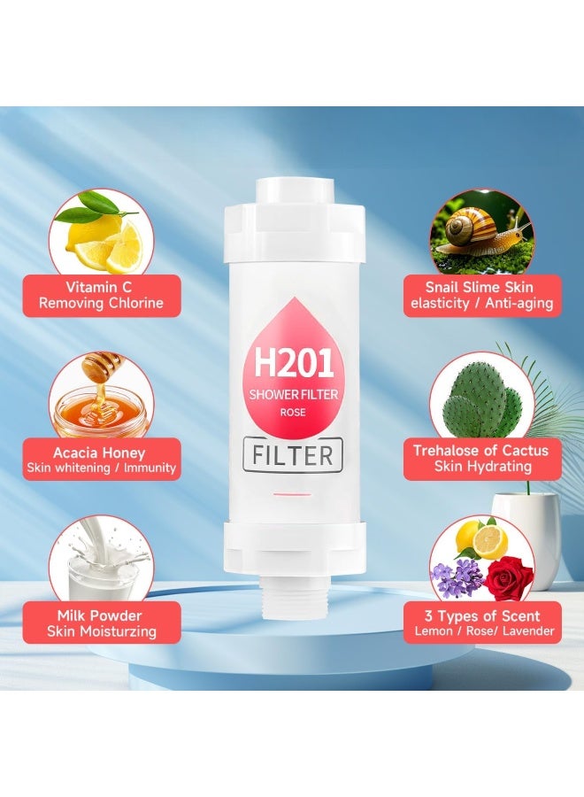 اتش 201 فلتر دش بفيتامين سي مع عِلاج عطري برائحة الورد | فلتر بـ 12 مرحلة لتنعيم الماء العسر وإزالة الكلور والفلورايد | فلتر دش مُعطّر لبشرة مشرقة وشعر حريري | فلتر دش بتصميم عالمي (رائحة الورد) - Image 1