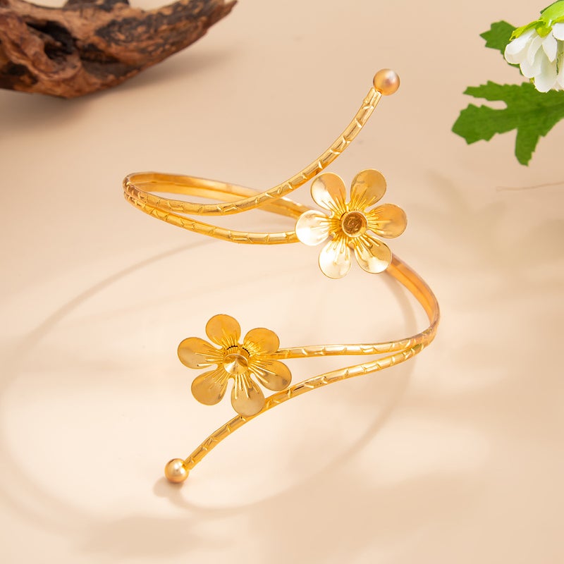 SHIXIN European and American Cross-Border Jewelry: Ins Style Double-Layered Flower Open Cuff Bracelet with Rolled Edges, Fashionable Metal-Line Accessory - Image 4