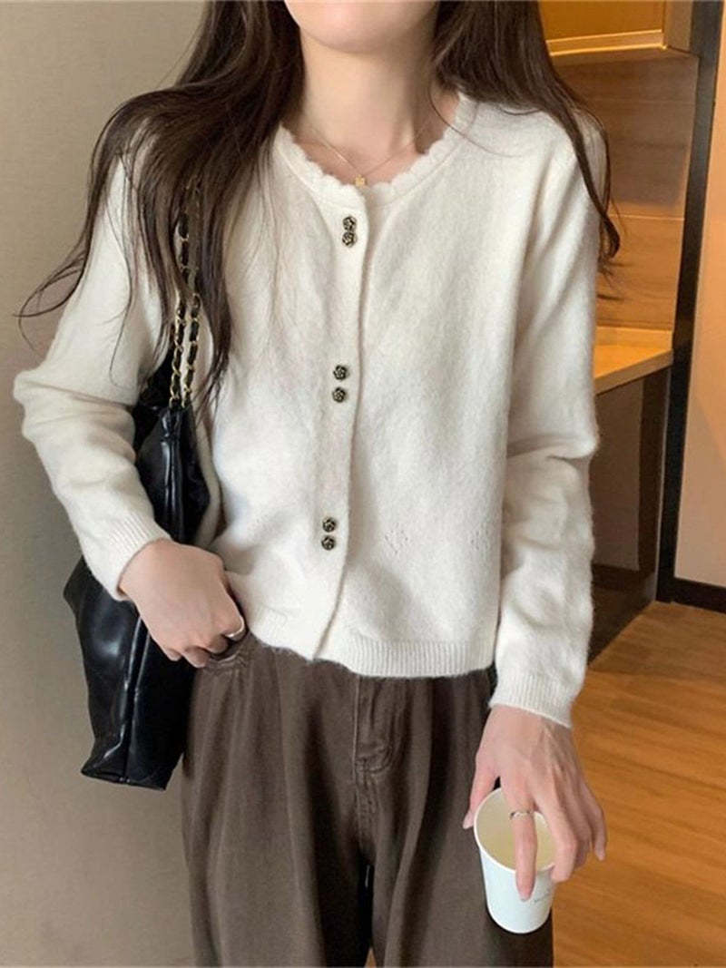 YUNIQEE كارديجان أبيض سادة بياقة دائرية - Image 1