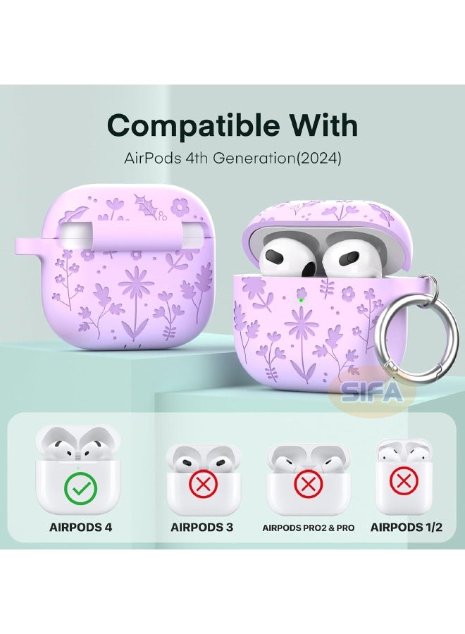 AirPods 4 Case, Engraved AirPods 4th Generation Case with Cleaner Kit, Soft Silicone Skin Protective Case for Women Men with Keychain for Airpods 4 2024, Flower Purple  - Image 2