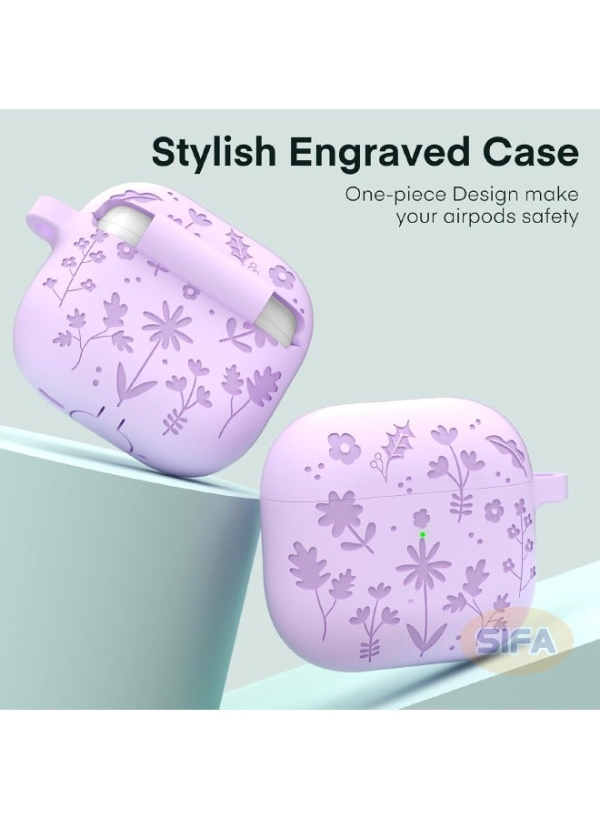 AirPods 4 Case, Engraved AirPods 4th Generation Case with Cleaner Kit, Soft Silicone Skin Protective Case for Women Men with Keychain for Airpods 4 2024, Flower Purple  - Image 3