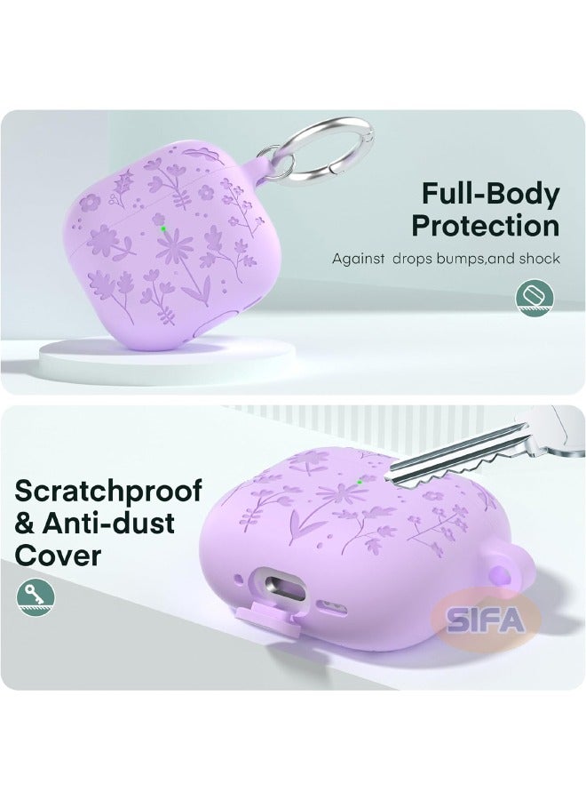 AirPods 4 Case, Engraved AirPods 4th Generation Case with Cleaner Kit, Soft Silicone Skin Protective Case for Women Men with Keychain for Airpods 4 2024, Flower Purple  - Image 4