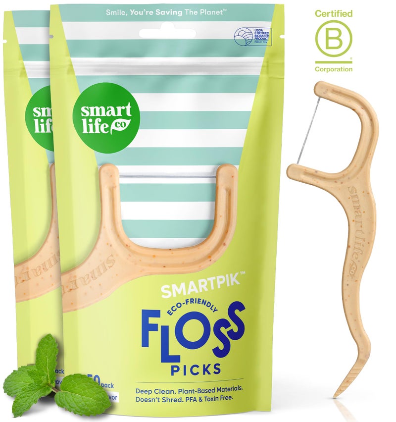 SmartLifeco Biodegradable Dental Floss Picks Plant Based Handle Thin Thread Tooth Flossers for Adults Kids Eco Friendly Toothpick Soft on Gum Teeth Compostable Zero Waste Vegan 100 Mint