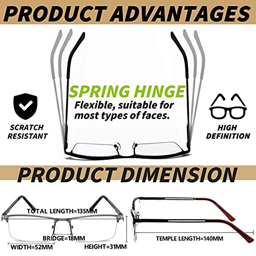 JJWELL 3 Pack Blue Light Reading Glasses for Men, Lightweight Metal Rectangle Semi Rimless Readers for Men, Anti Eyestrain/Computer Glare/UV, Half Frame Spring Hinge Eyeglasses with Pouches - Image 3