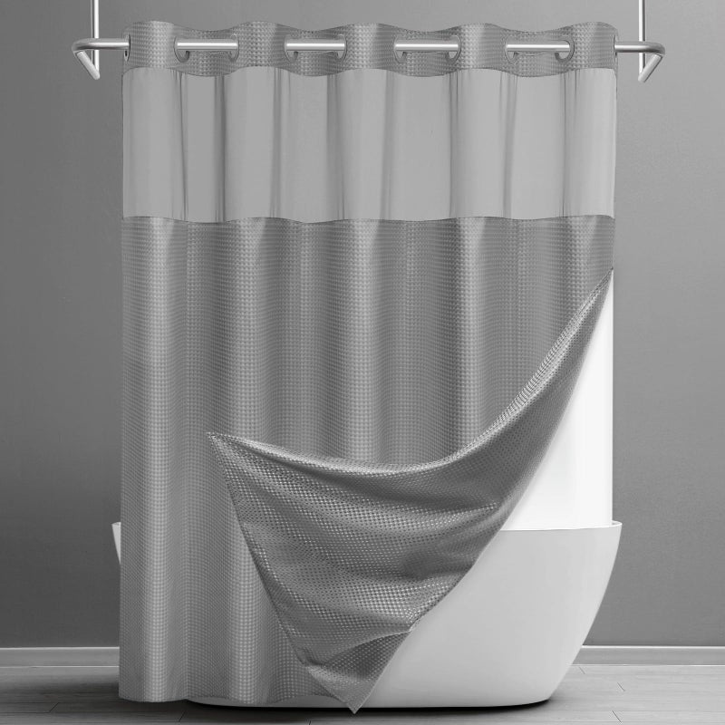SORTTO No Hook Shower Curtain with Snap in Liner Set Waffle Shower Curtain for Bathroom Hotel Style Fabric Waterproof Inner Linerï¼Œ71" W x 74" H, Grey - Image 1