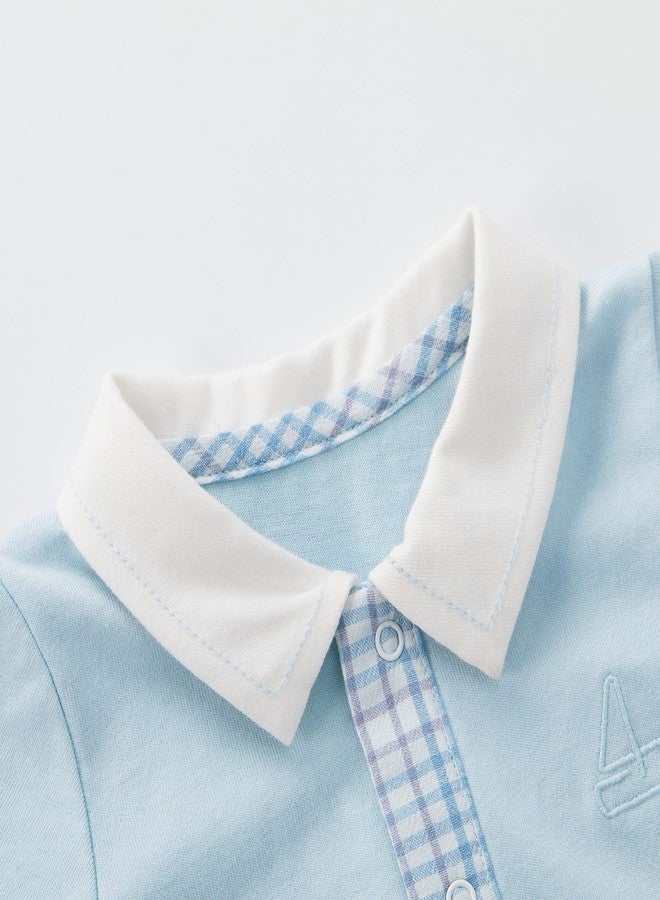 pureborn Baby Boy Romper One-Piece Outfit Point Collar Short Sleeve 3-6 Months Blue - Image 4