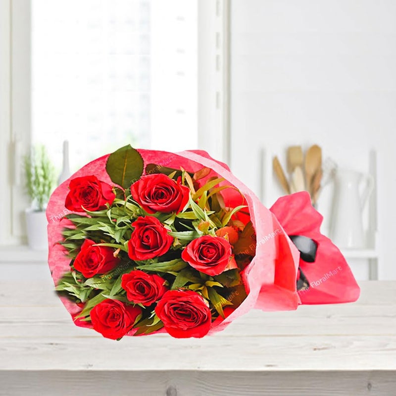 The FloralMart The FloralMart Fresh Flowers Bouquet of 08 Red Roses in Red Paper Wrapping Gift for All Occasions
