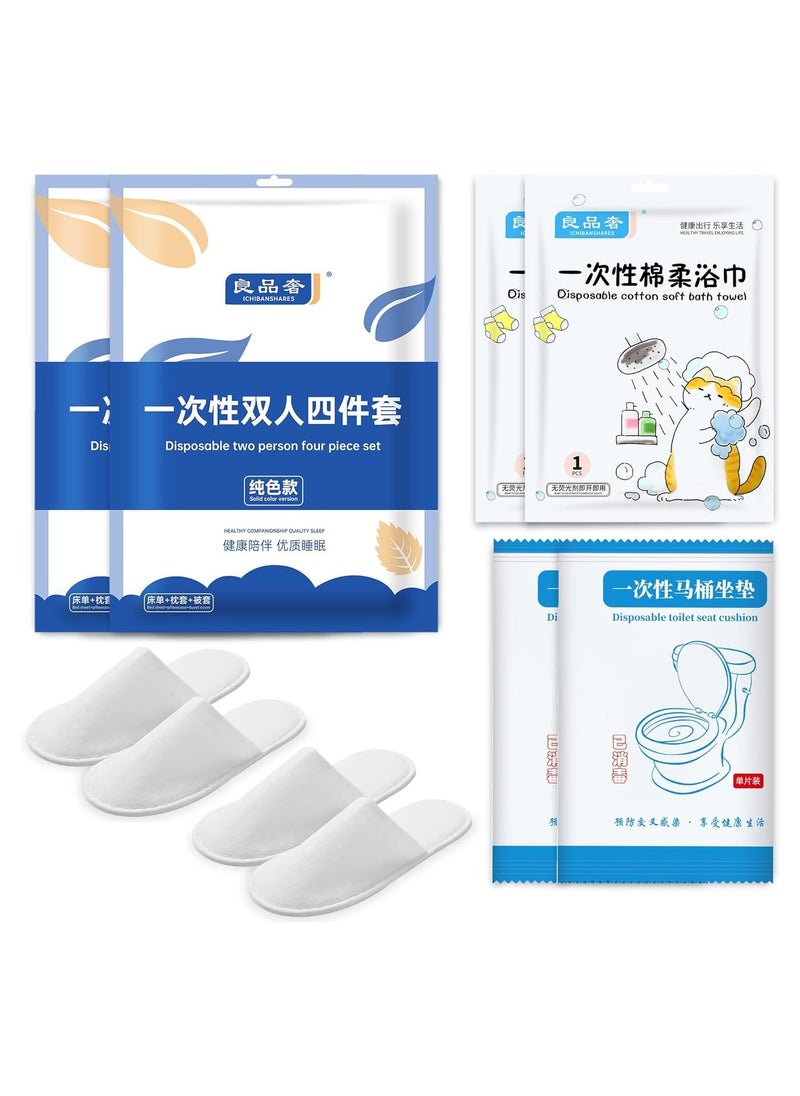 Disposable Travel Kit, Disposable Sheets, Disposable Sheets for Travel, Disposable Bed Sheets (Bed Sheet*2 + Duvet Cover*2 + Pillow case*2 + Bath Towels*2 + Toilet Seat Covers*2 + Slippers*2)  - Image 1