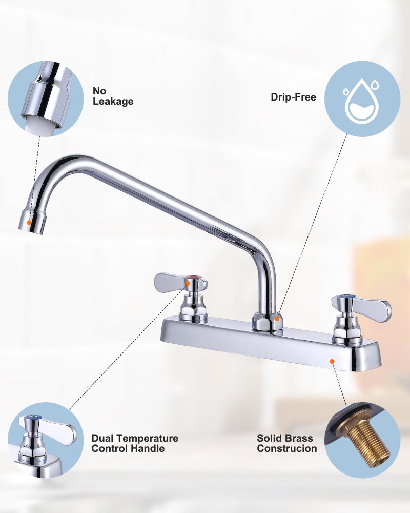 iVIGA Commercial Kitchen Sink Faucet 12" Swivel Spout with Supply Lines, Brass Deck Mount Kitchen Faucet, Dual Handle Utility Sink Faucet for Laundry Room Restaurant Compartment Sink Polish Chrome - Image 5