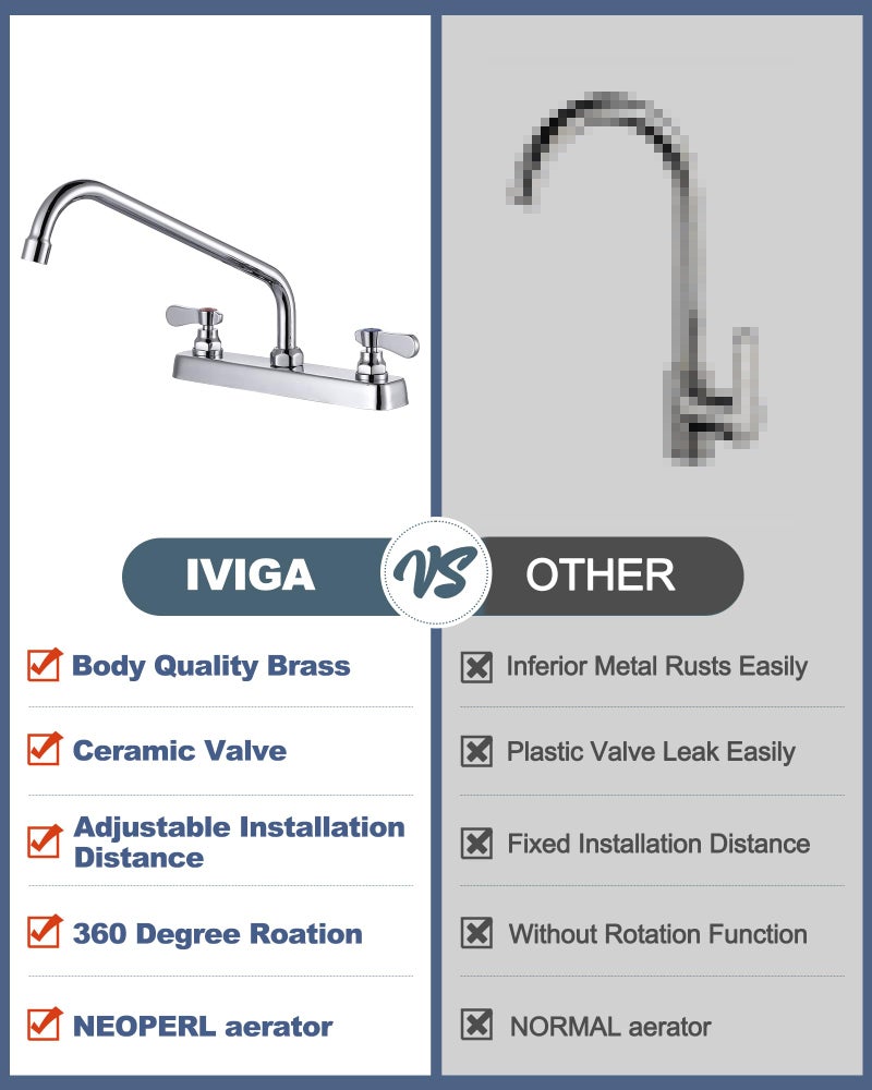 iVIGA Commercial Kitchen Sink Faucet 12" Swivel Spout with Supply Lines, Brass Deck Mount Kitchen Faucet, Dual Handle Utility Sink Faucet for Laundry Room Restaurant Compartment Sink Polish Chrome - Image 2