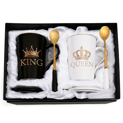 Cabtnca King and Queen Coffee Mugs His and Hers Coffee Mugs Set King and Queen Mugs for Couples Engagement Wedding Newlywed His and Hers Gifts for Couples Husband and Wife Cups 14Oz