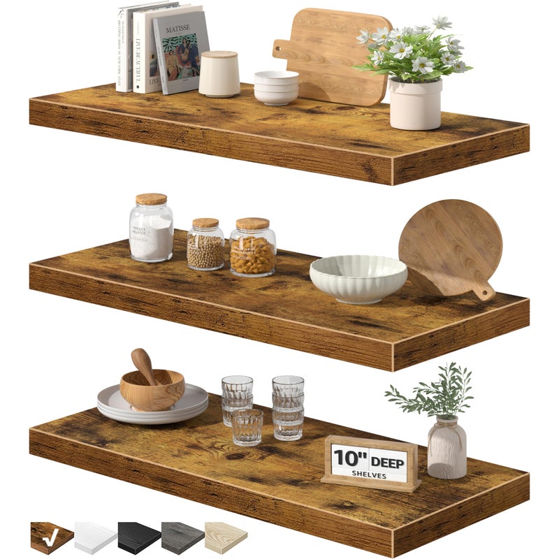 QEEIG 10" Deep Floating Shelves for Wall - 10 x 24 inch Book Shelf Bathroom Bedroom Kitchen Living Room Hanging Bookshelf Farmhouse Set of 3, Rustic Brown (025-60BN3) - Image 1