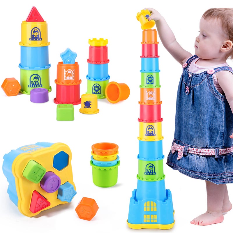 iPlay, iLearn Baby Stacking Toys, Toddler Nesting Stack Cups, Infant Stackable Block, Kids Sorting Game W/Shape Sorter for Sand Bath, Birthday Gift for 12 18 24 Month 1 2 3 Year Old Boys Girls - Image 1
