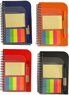 Bundle Of 4 Spiral Lined Papers Memo 13.5 * 9 cm with sticky notes, sticky label arrows and a pen - Navy Blue,Black,Red&Orange (MP3)