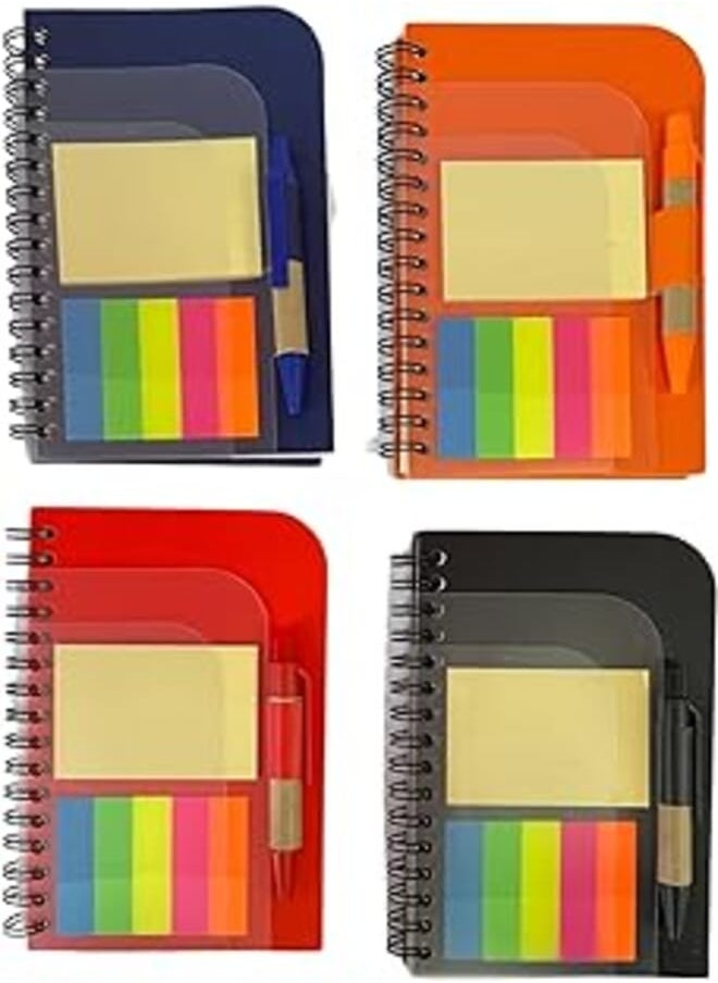 Generic - Bundle Of 4 Spiral Lined Papers Memo 13.5 * 9 cm with sticky notes, sticky label arrows and a pen - Navy Blue,Black,Red&Orange (MP3) - Image 1