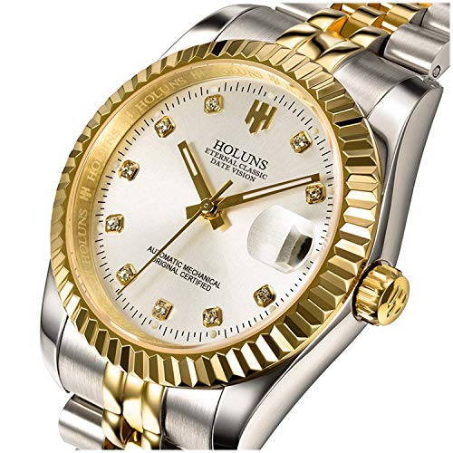 HOLUNS Mens Full Gold Watch Automatic Mechanical Gilded Steel Self-Wind Sapphire Glass Dress Waterproof Watch (Gold&Silver with White Dial) - Image 2