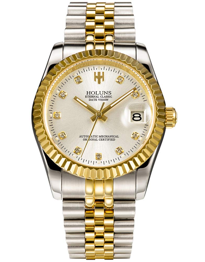 HOLUNS Mens Full Gold Watch Automatic Mechanical Gilded Steel Self-Wind Sapphire Glass Dress Waterproof Watch (Gold&Silver with White Dial) - Image 1
