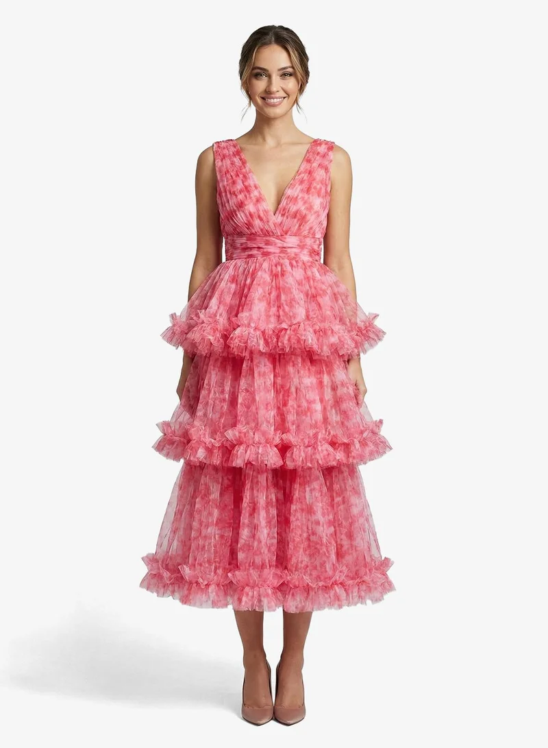 Lace and Beads Neddin Plunge Neck Ruffle Detail Midi Dress