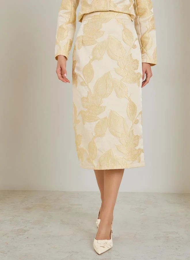 Styli Cream Floral Jacquard Midi Skirt