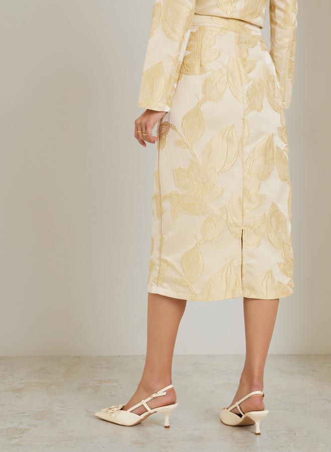 Styli Cream Floral Jacquard Midi Skirt - Image 4