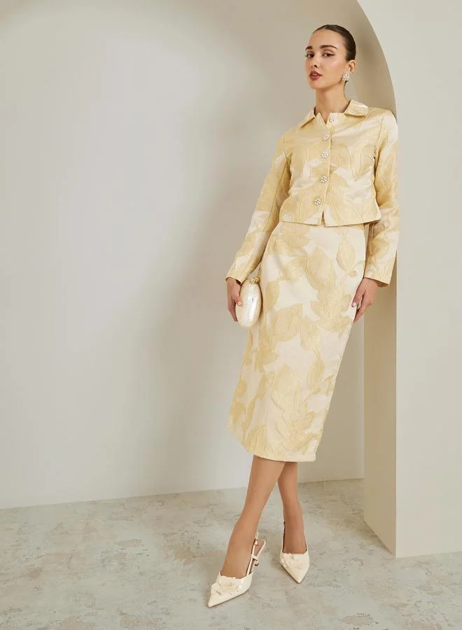 Cream Floral Jacquard Midi Skirt