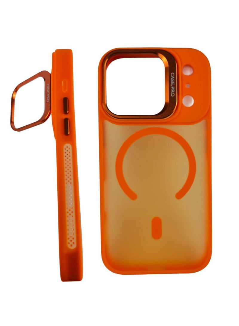 جراب Yusr متوافق مع آيفون 17 برو، غطاء خلفي شفاف غير لامع مانع للانزلاق ومقاوم للصدمات مع حامل مدمج (برتقالي) - Image 3
