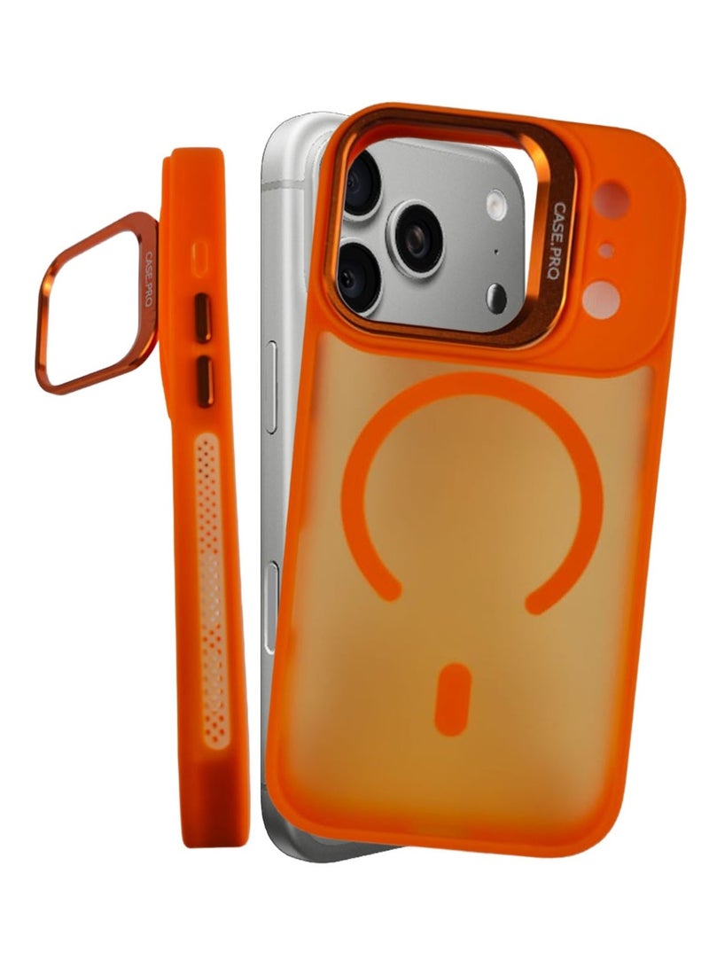 جراب Yusr متوافق مع آيفون 17 برو، غطاء خلفي شفاف غير لامع مانع للانزلاق ومقاوم للصدمات مع حامل مدمج (برتقالي) - Image 1