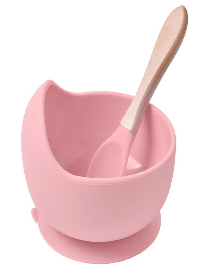 KRIVETY Baby Feeding Silicone Bowls with Wooden Spoon Curved Walls for First Stage Baby Self Training Feeding Strong Suction Large Bowl for Toddlers Babies Kids Prevent Food Dropping (Pink) - Image 1