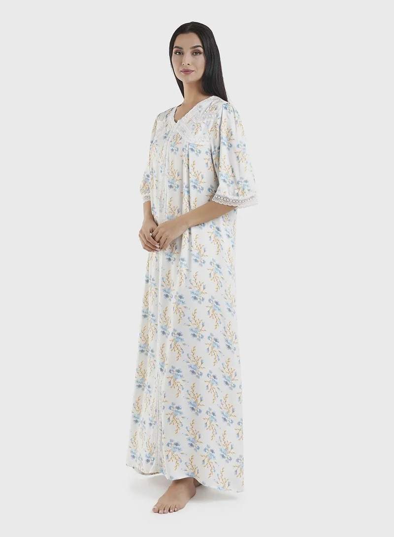 Kashkha  Powder Blue Floral Print Viscose Nightwear Dress (CNH445) for Women | Best Price UAE