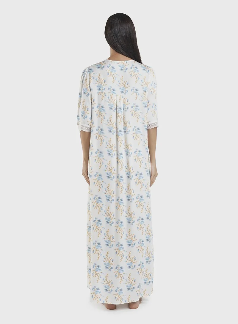Kashkha  Powder Blue Floral Print Viscose Nightwear Dress (CNH445) for Women | Best Price UAE