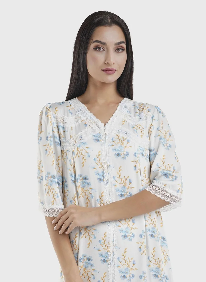 كشخة Powder Blue Floral Print Viscose Nightwear Dress (CNH445)