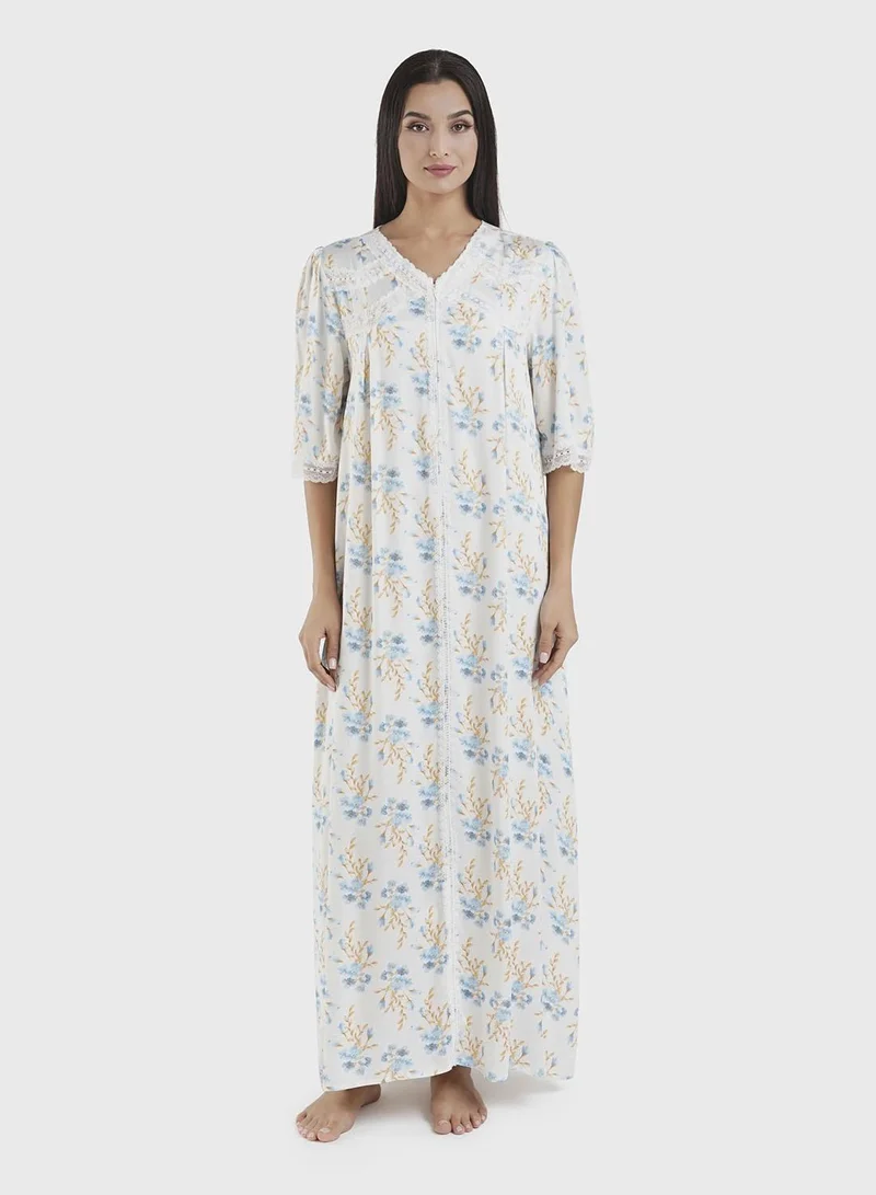 كشخة Powder Blue Floral Print Viscose Nightwear Dress (CNH445)