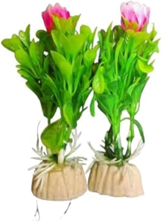 2PCS Artificial Plastic Aquarium Plants for bowls and Fish Tank Plants Decorations Colorful Plant Small Size (Pink Flowers and Green)