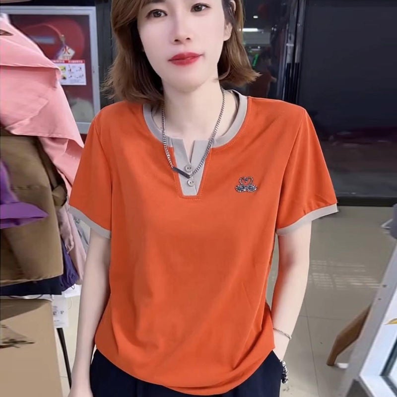 Western Fashion Top Short-Sleeved 2025 V-Neck Little Swan Slimming Look Loose Swan Age-Reducing T-Shirt - Image 5