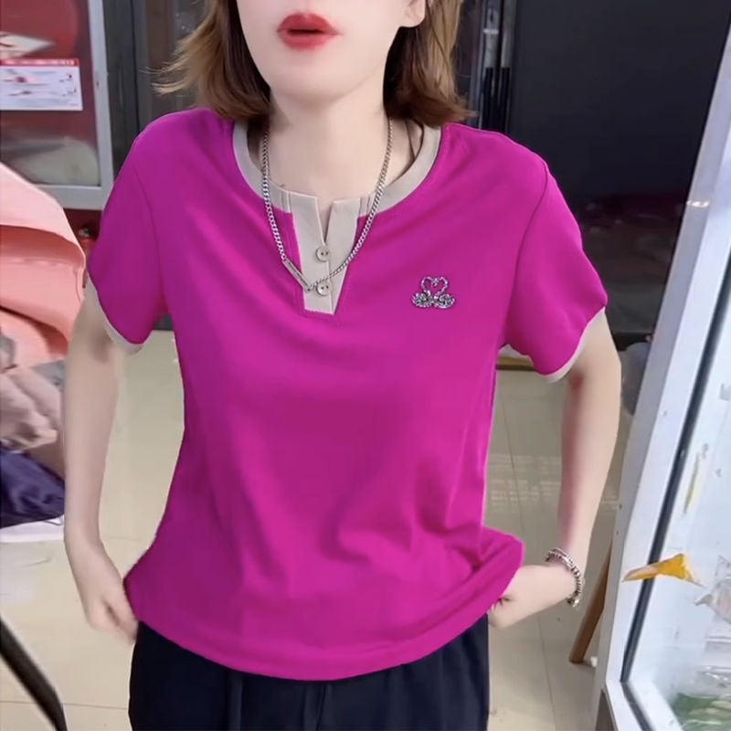 Western Fashion Top Short-Sleeved 2025 V-Neck Little Swan Slimming Look Loose Swan Age-Reducing T-Shirt - Image 4