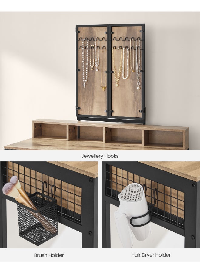 VASAGLE Dressing Table with Padded Stool, Dressing Table with Triple Mirror, 3 Drawers, Hair Dryer Holder, Cosmetic Table, Industrial Style, Oak Brown/Black - Image 5