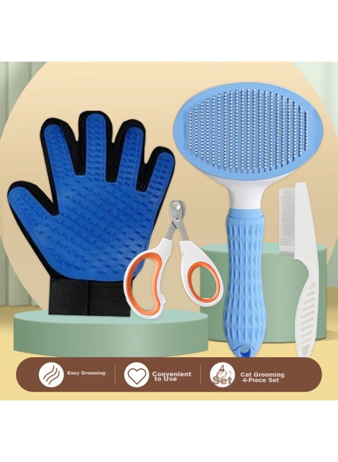 Houya Pet Cleaning 4-piece Set: قفازات تنظيف القطط، فرشاة تنظيف القطط والكلاب، مشط إزالة الشعر، مقصات أظافر القطط، مستلزمات الحيوانات الأليفة - Image 1