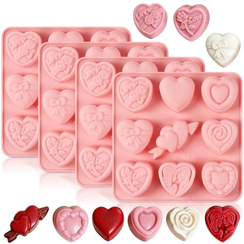 Vidotim 4Pcs Valentine’s Day Truffles Chocolate Molds, 9 Design Small Heart Chocolate Mold, Non-Stick Heart Silicone Molds for Candy, Ice Cube, Cake Pop, Soap(1.31"(4Pcs)) - Image 1