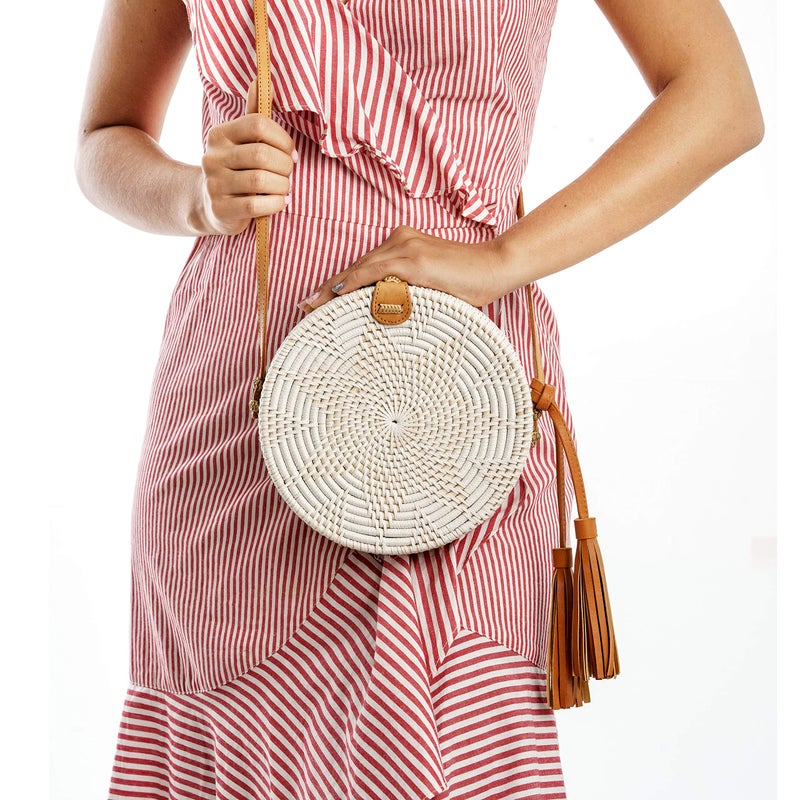 Novum Crafts Rattan Bags for Women - Handmade Wicker Woven Purse Handbag Circle Boho Bag Bali - Image 5