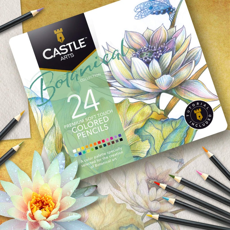 Castle Art Supplies Castle Arts Themed 24 Coloured Pencil Set in Tin Box, perfect colours for â€˜Botanicalâ€™ Art. Featuring quality, smooth coloured cores, superior blending & layering performance for great results - Image 3