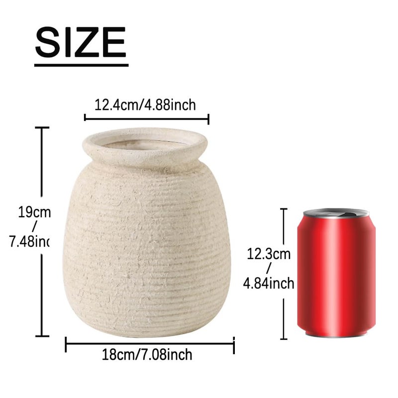 ooit Ceramic Flower Vase, 7.48 Inch White Rustic Farmhouse Decorative Vase Pottery Wide-Mouth Vases for Home Decor Table Living Room Entryway Mantel Bookshelf Bedroom Bathroom Kitchen - Image 2