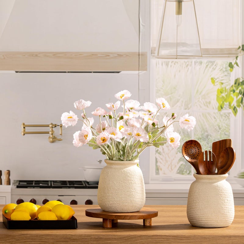 ooit Ceramic Flower Vase, 7.48 Inch White Rustic Farmhouse Decorative Vase Pottery Wide-Mouth Vases for Home Decor Table Living Room Entryway Mantel Bookshelf Bedroom Bathroom Kitchen - Image 4