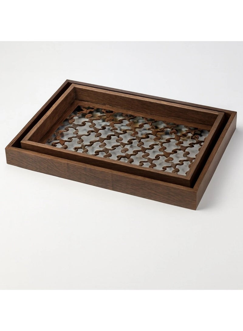 طقم صواني خشبية بارضية زجاجية ونقشة كلاسيكية-قطعتين - Image 1