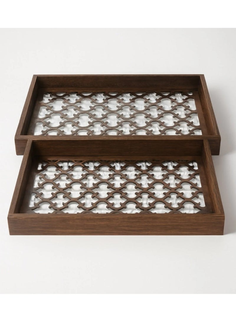 طقم صواني خشبية بارضية زجاجية ونقشة كلاسيكية-قطعتين - Image 2