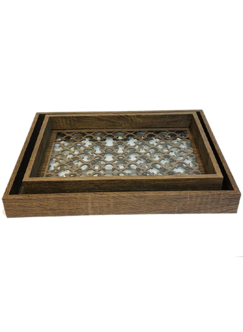 طقم صواني خشبية بارضية زجاجية ونقشة كلاسيكية-قطعتين - Image 4