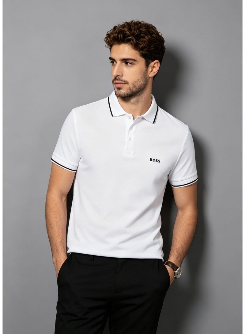 BOSS Men's Short Sleeve Contrast Tipped Collar Polo Shirt, Casual Regular Fit, White - Image 1