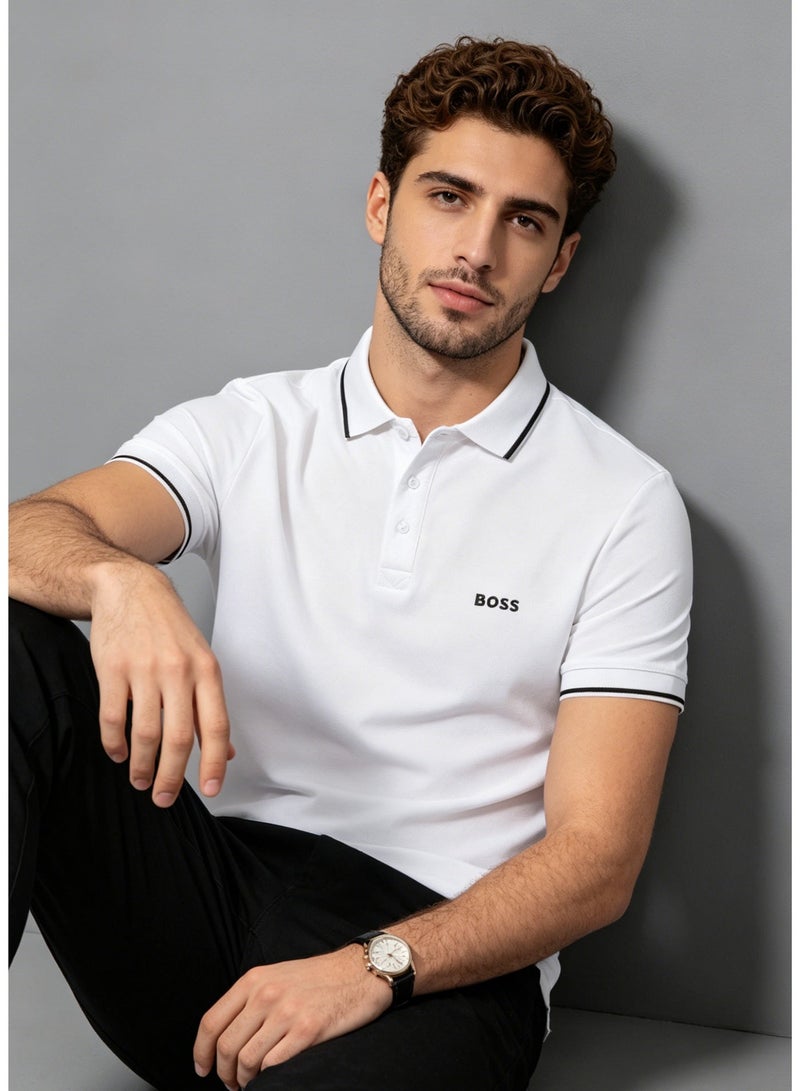 BOSS Men's Short Sleeve Contrast Tipped Collar Polo Shirt, Casual Regular Fit, White - Image 2