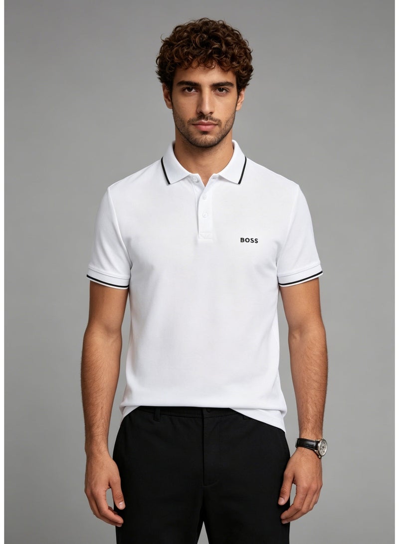BOSS Men's Short Sleeve Contrast Tipped Collar Polo Shirt, Casual Regular Fit, White - Image 3